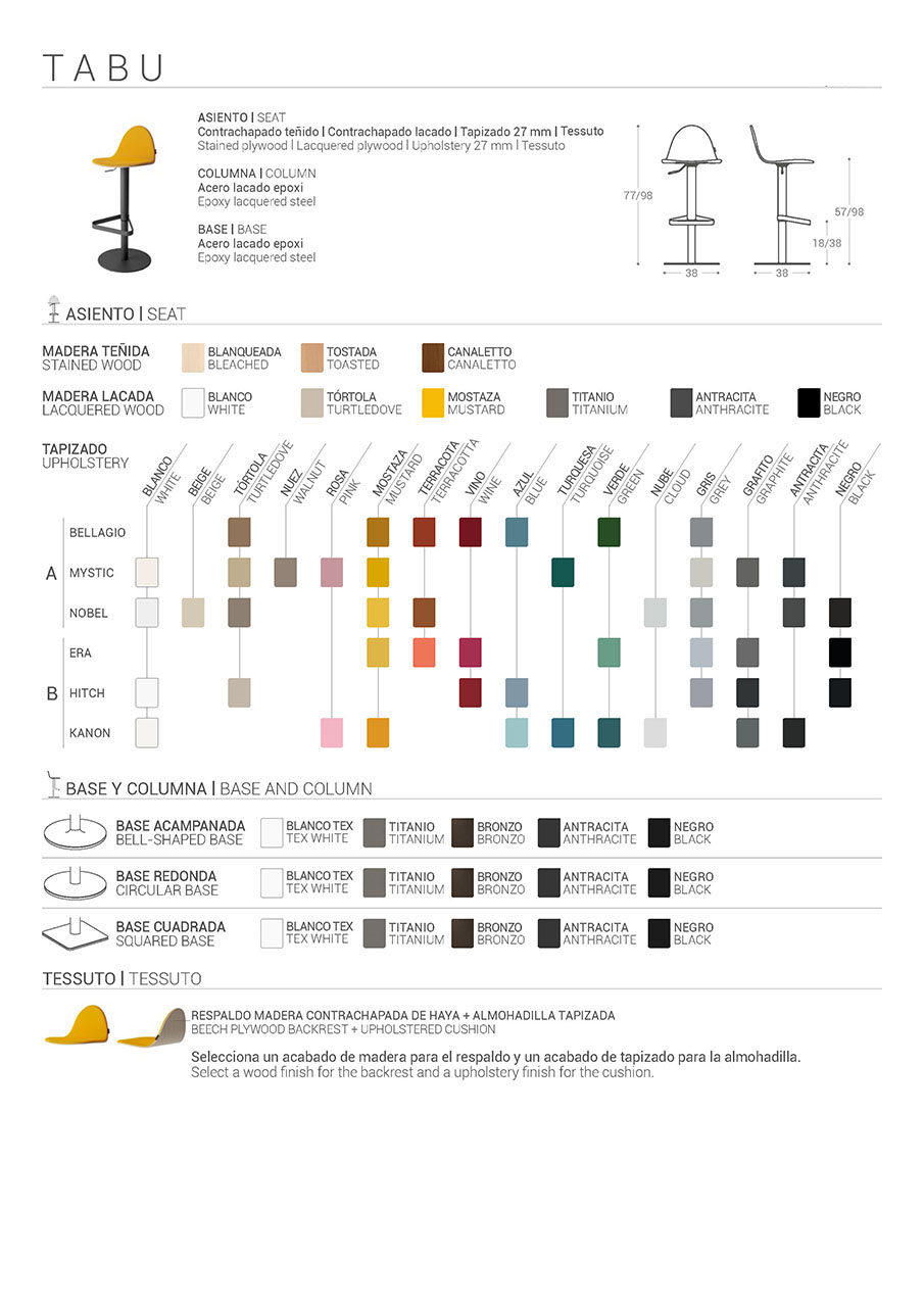 Ficha técnica del Taburete Tabu, en esta se explican los diferentes colores posibles para el asiento y respaldo, además de las 3 bases disponibles