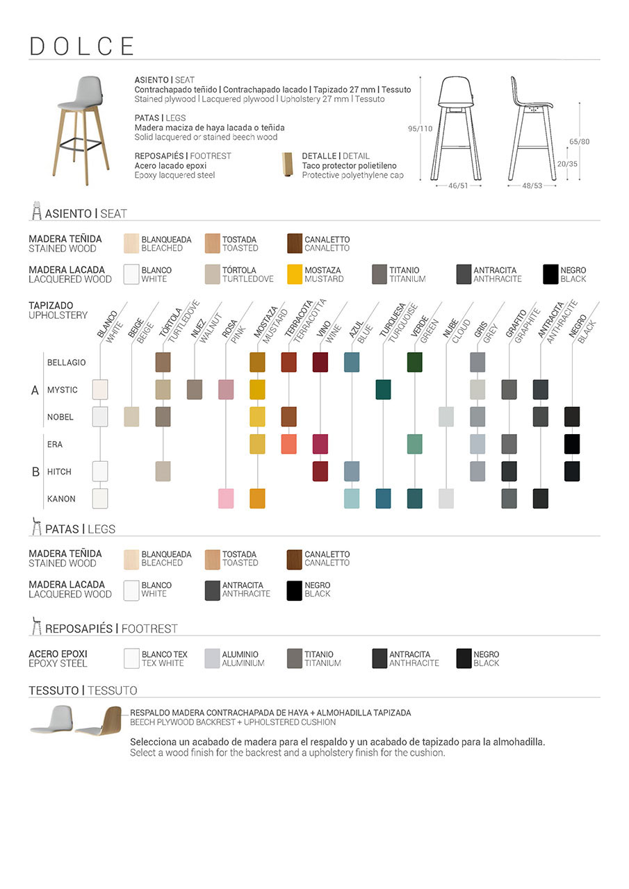 Ficha técnica del Taburete Dolce donde se especifican los diferentes colores disponibles para asientos, patas y reposapies