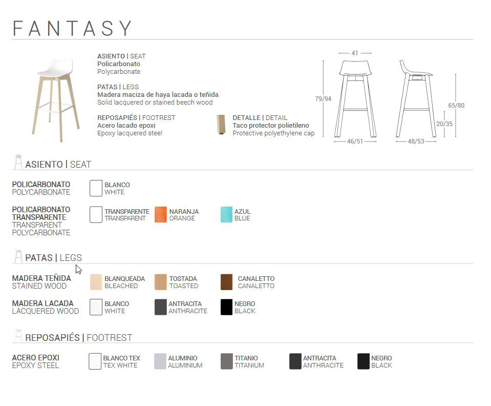 Ficha técnica del Taburete Fantasy con asiento en policarbonato y patas disponibles en madera teñida o lacada