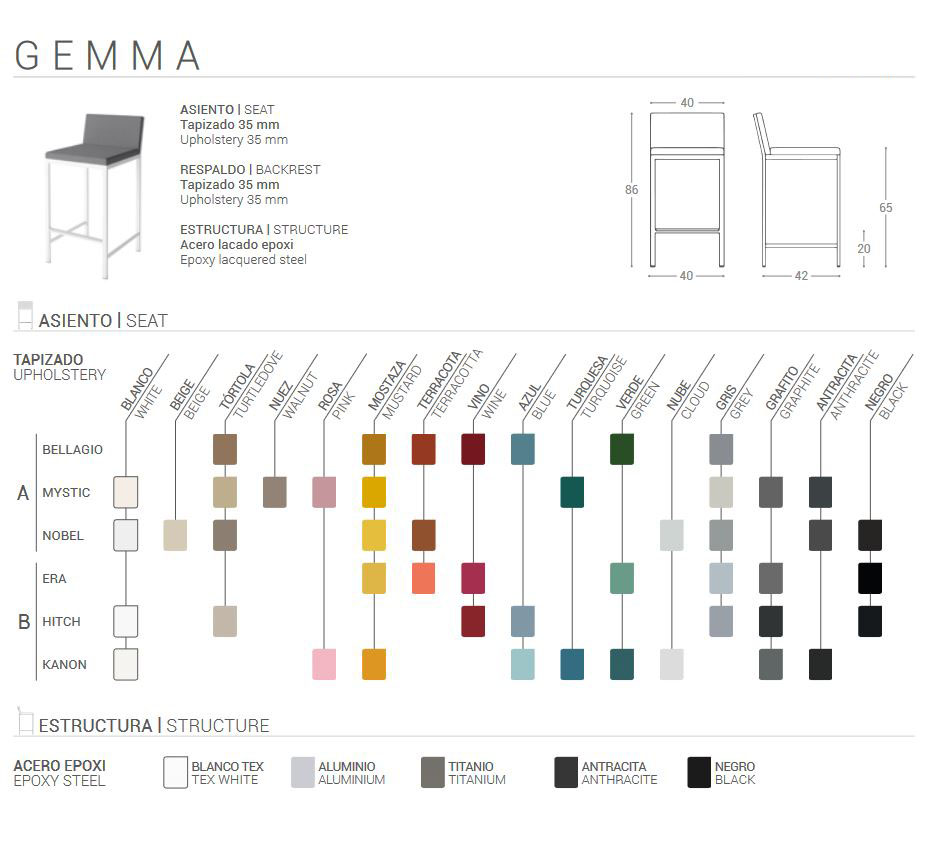 Ficha técnica del Taburete Gemma, en esta se detalla los colores del asiento, así como el de la estructura y patas